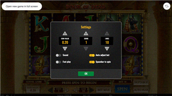 Einstellungsdialog: Münzwert, Münzen, Linien und Toggles fuer Sound, Fast Play, Auto-Anpassung